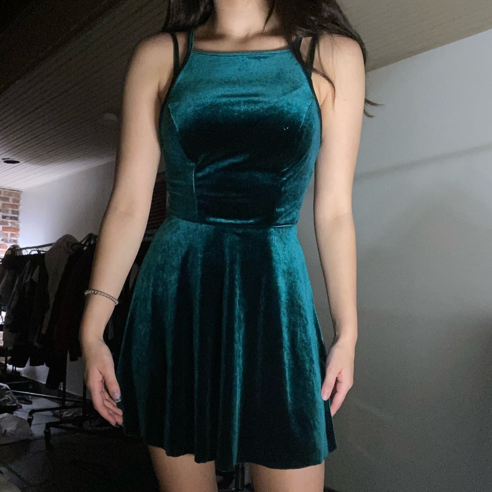Velvet emerald green halter dress